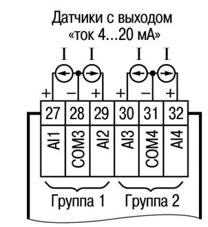 Подключение активного датчика с выходом типа «Ток 4…20 мА» (к входам I10… I12 аналогично)