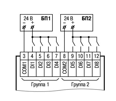 Подключение дискретных датчиков =24 В с выходом типа «сухой контакт» (для модификаций ПР200-24, ПР200-220.2Х)