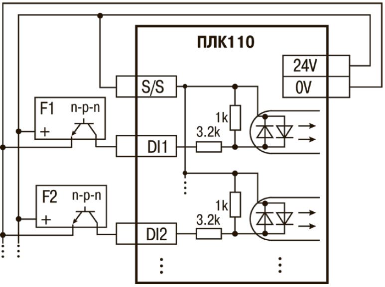 Схема подключения NPN ПЛК110-24